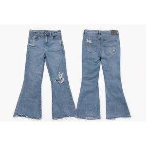 AE Next Level stretch High Rise‎ flare size 8 distressed Jeans medium wash